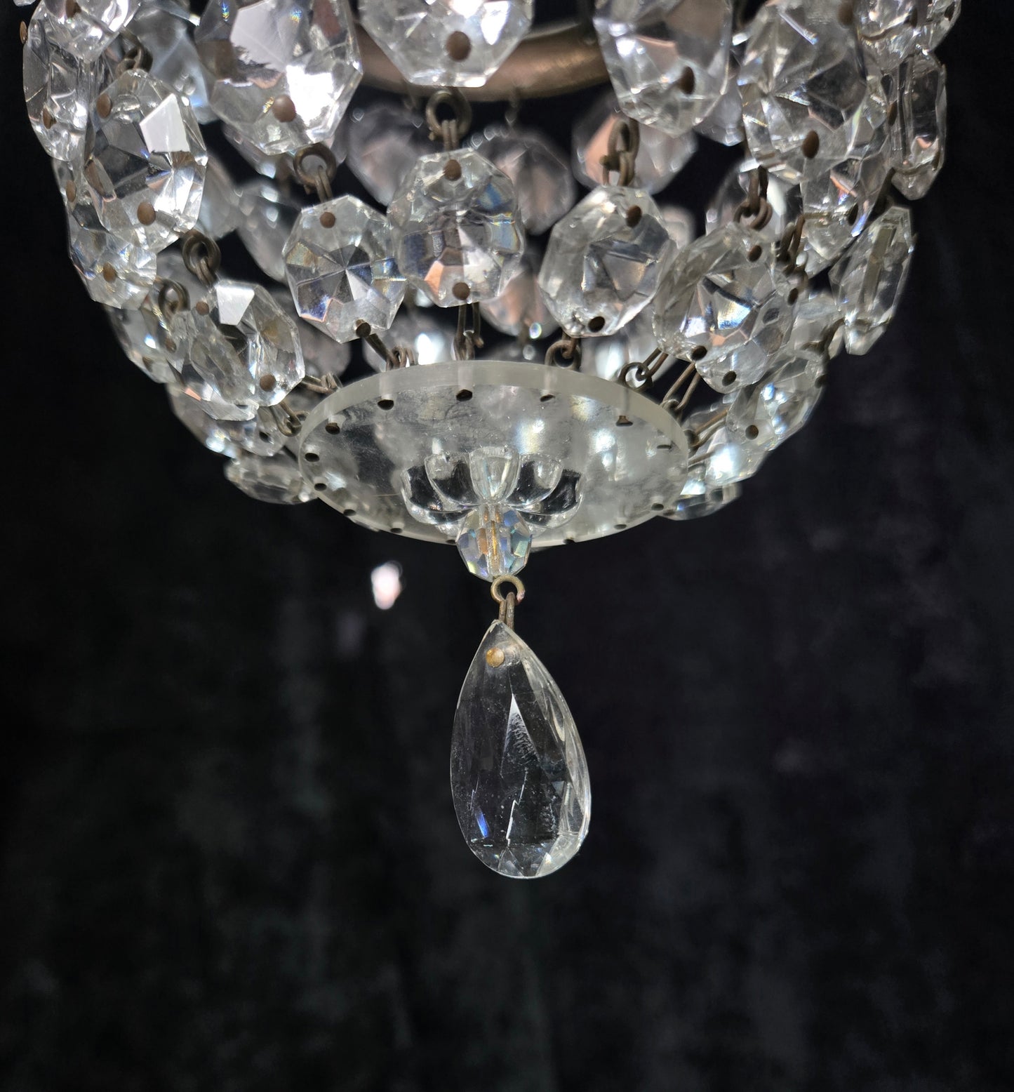 Petite Vintage French Crystal Half Bag Brass 1 Light Leaf Chandelier Light