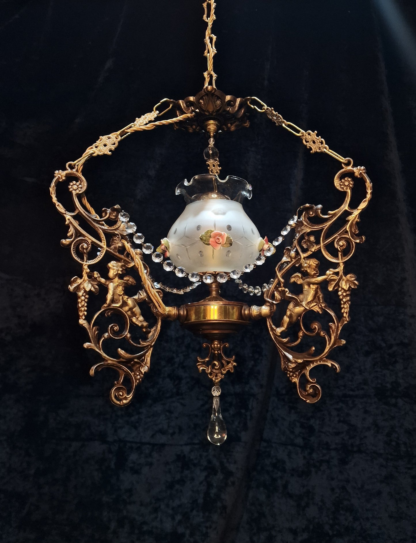 Beautiful Vintage Brass Italian Cherub Flower Caged Crystal Chandelier Light