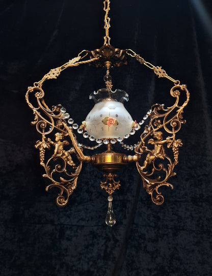 Beautiful Vintage Brass Italian Cherub Flower Caged Crystal Chandelier Light
