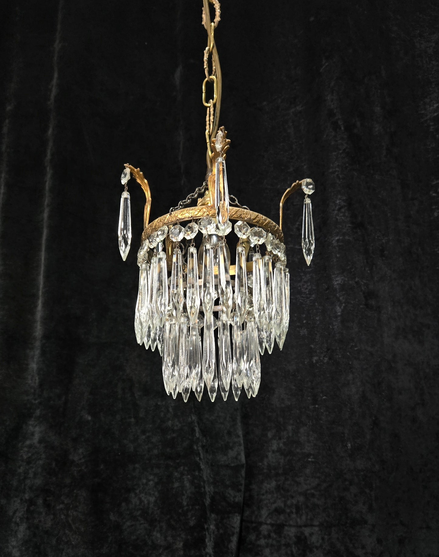 Beautiful Antique French Crystal Waterfall Brass Leaf Chandelier Ceiling Light