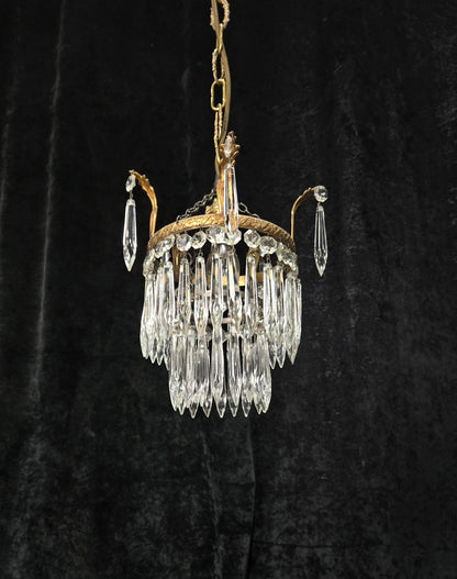 Beautiful Antique French Crystal Waterfall Brass Leaf Chandelier Ceiling Light