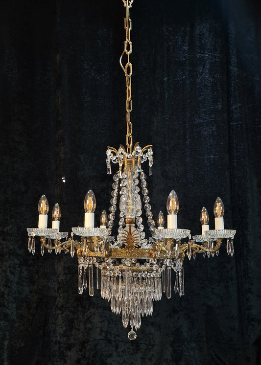 Stunning Vintage French 8 Arm 12 Light Brass Crystal Waterfall Chandelier Light