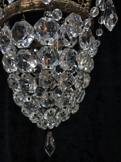 Beautiful Antique French Crystal Bag Brass Leaf Chandelier Ceiling Light