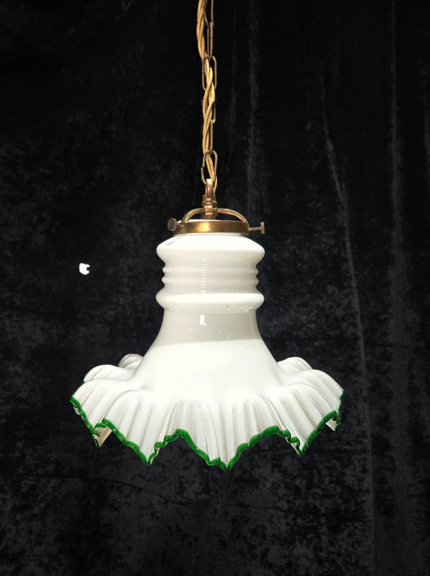 Fabulous Antique French Large Opaline Glass Shade Green Edging Brass Light