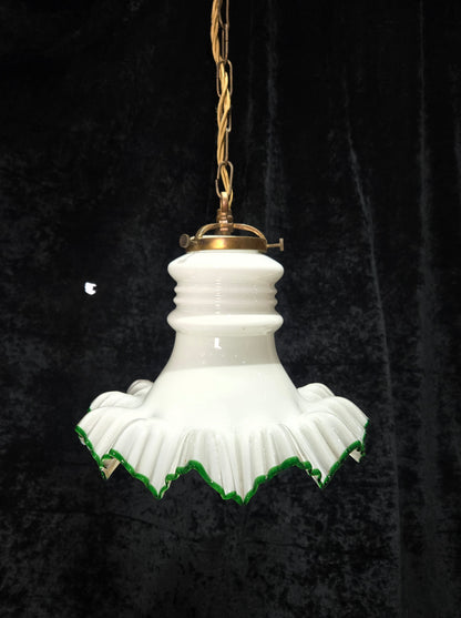 Fabulous Antique French Large Opaline Glass Shade Green Edging Brass Light