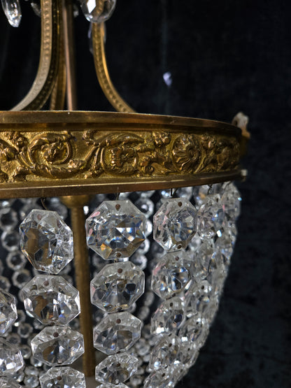 Traditional Antique French 3 Light Brass Bronze Crystal Empire Chandelier
