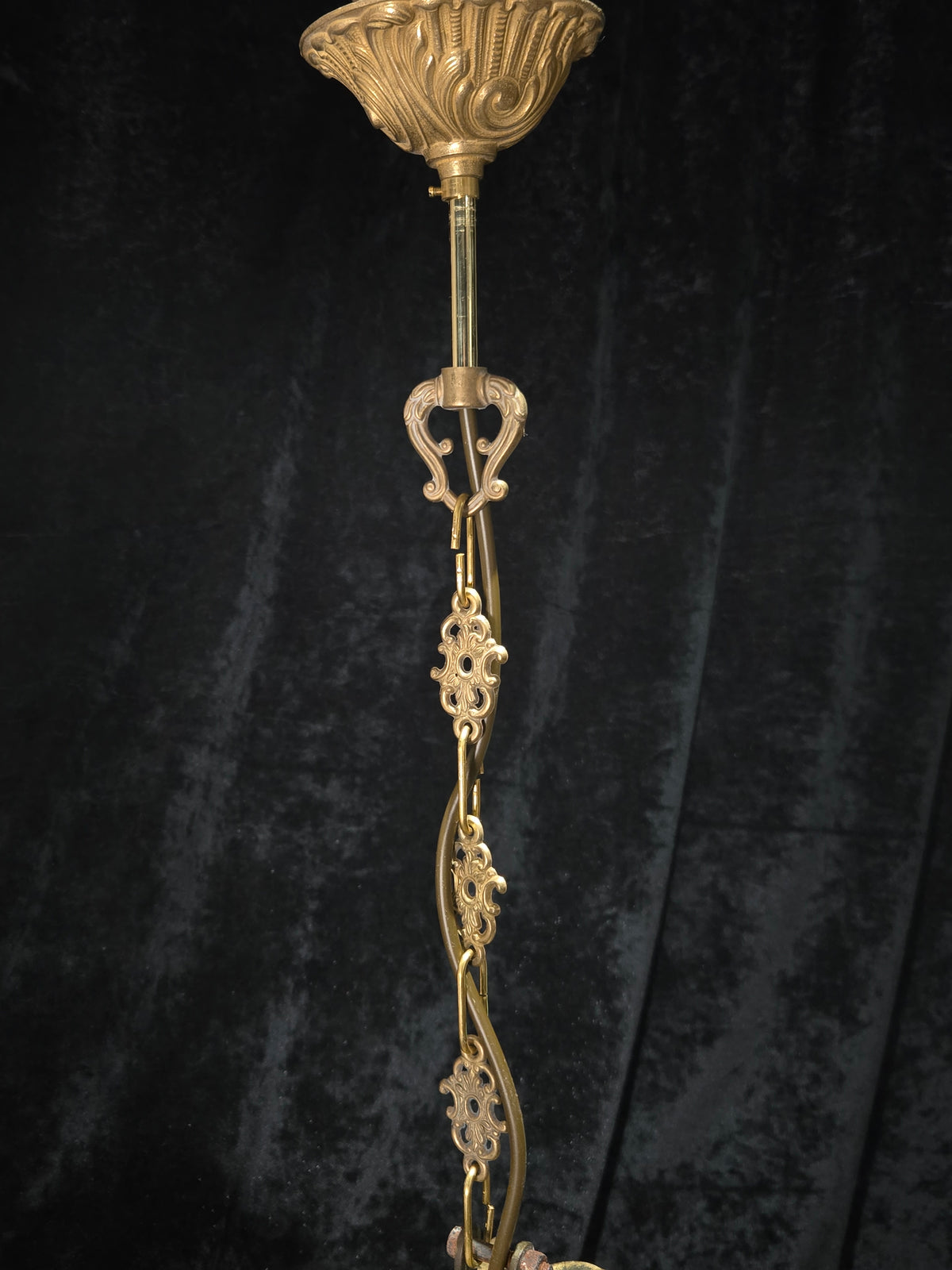 Gorgeous Antique French Brass 3 Arm Floral Chandelier Ceiling Light with Shades