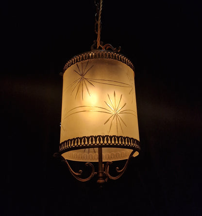 Classical Vintage Italian Cylinder Cut Glass Starburst Brass 3 Light Lantern