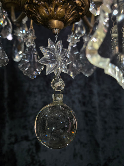 Beautiful Antique French 6 Arm Brass 3 Tier Crystal Chandelier Ceiling Light