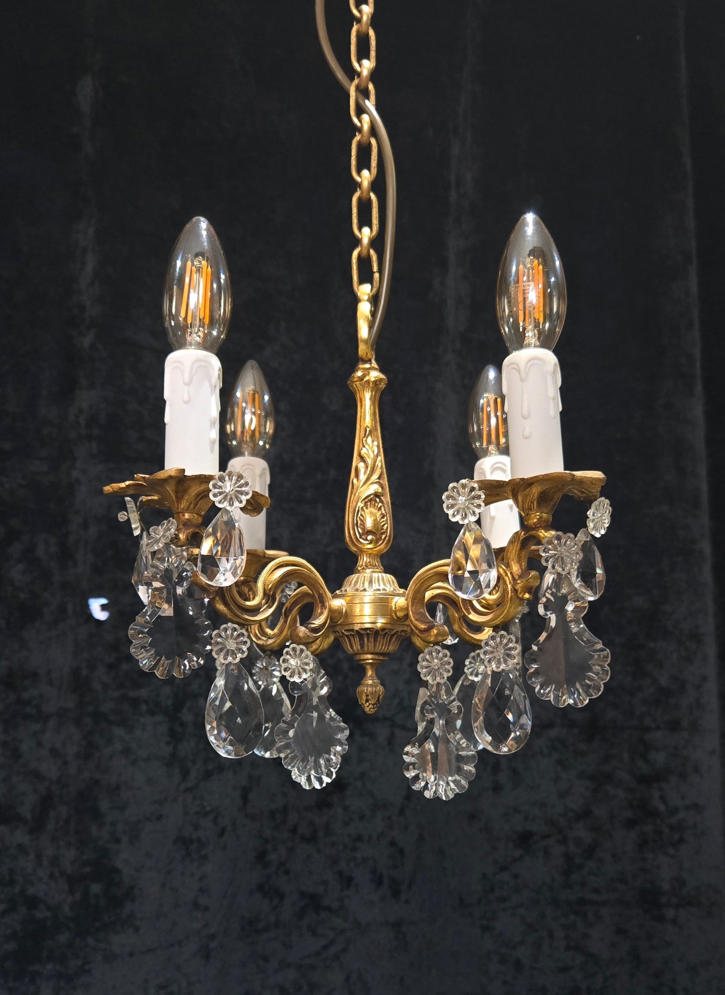 Beautiful Antique Petite French 4 Arm Bronze Brass Crystal Chandelier Light