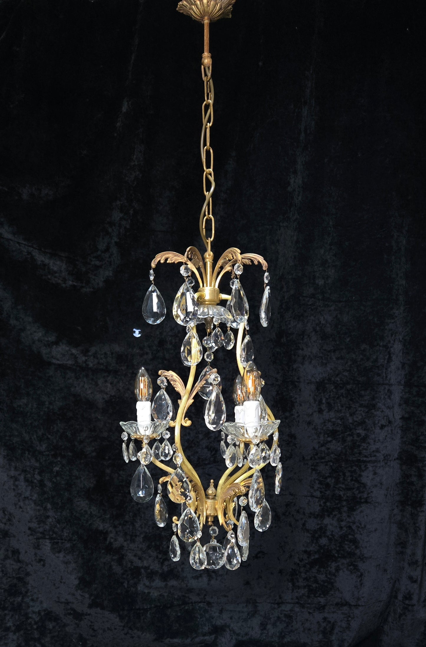 Beautiful Vintage Italian 3 Arm Brass Crystal Cage Leaf Chandelier Ceiling Light