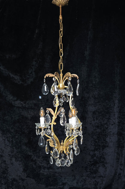Beautiful Vintage Italian 3 Arm Brass Crystal Cage Leaf Chandelier Ceiling Light