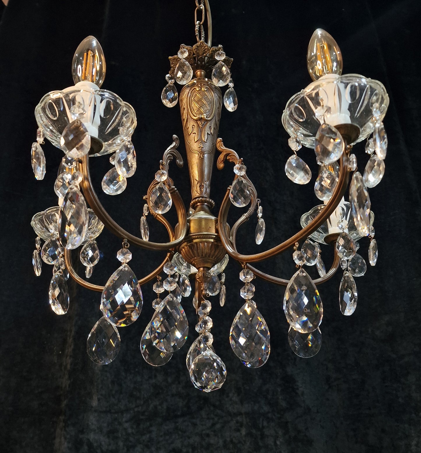 Lovely Elegant Vintage Italian 5 Arm Brass Crystal Chandelier Ceiling Light