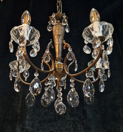 Lovely Elegant Vintage Italian 5 Arm Brass Crystal Chandelier Ceiling Light