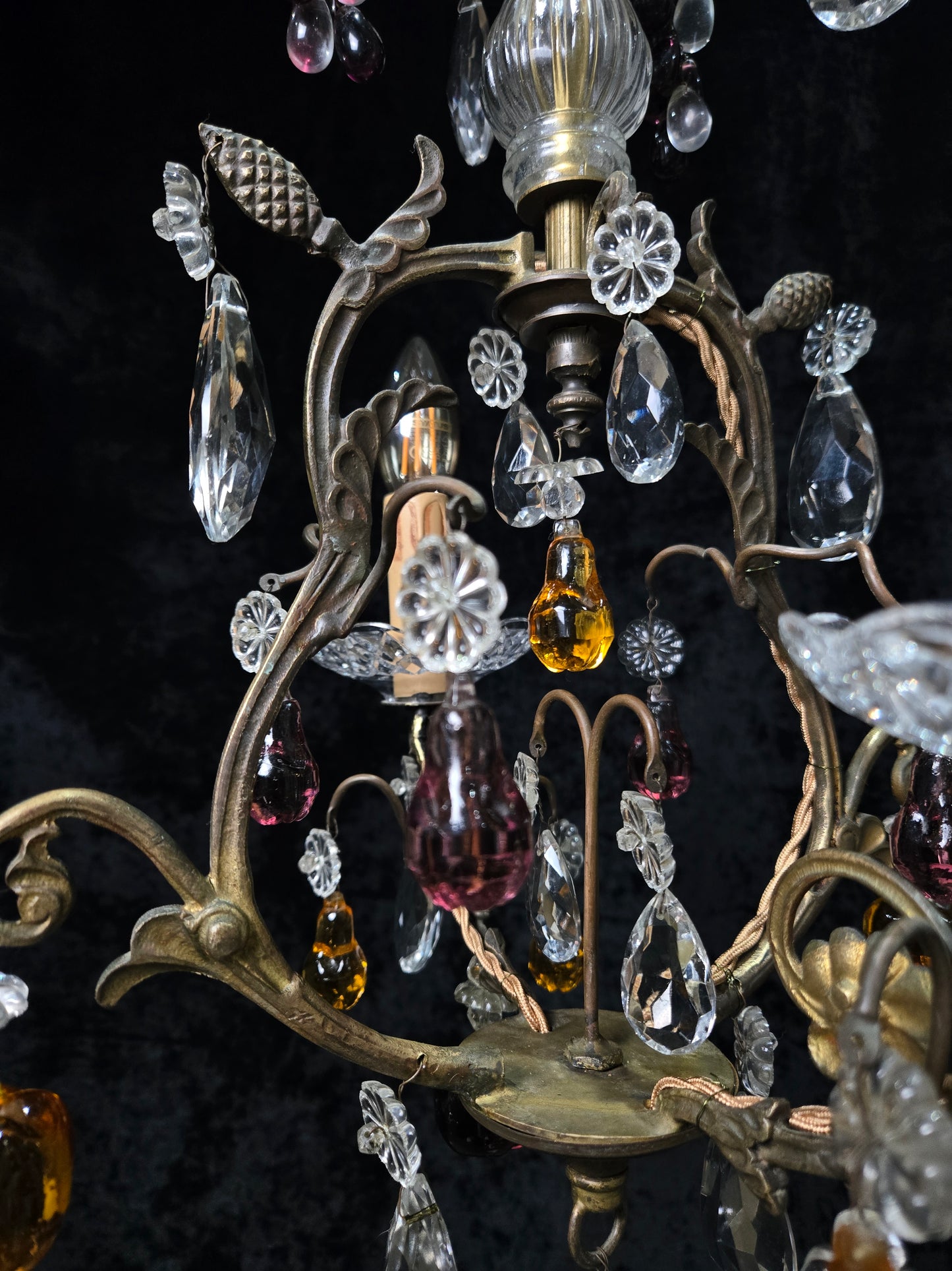 Exquisite Antique French 2 Arm Caged Murano Crystal Brass Chandelier Light