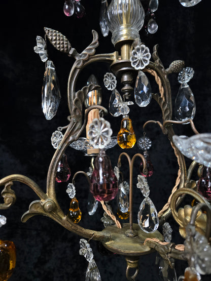 Exquisite Antique French 2 Arm Caged Murano Crystal Brass Chandelier Light
