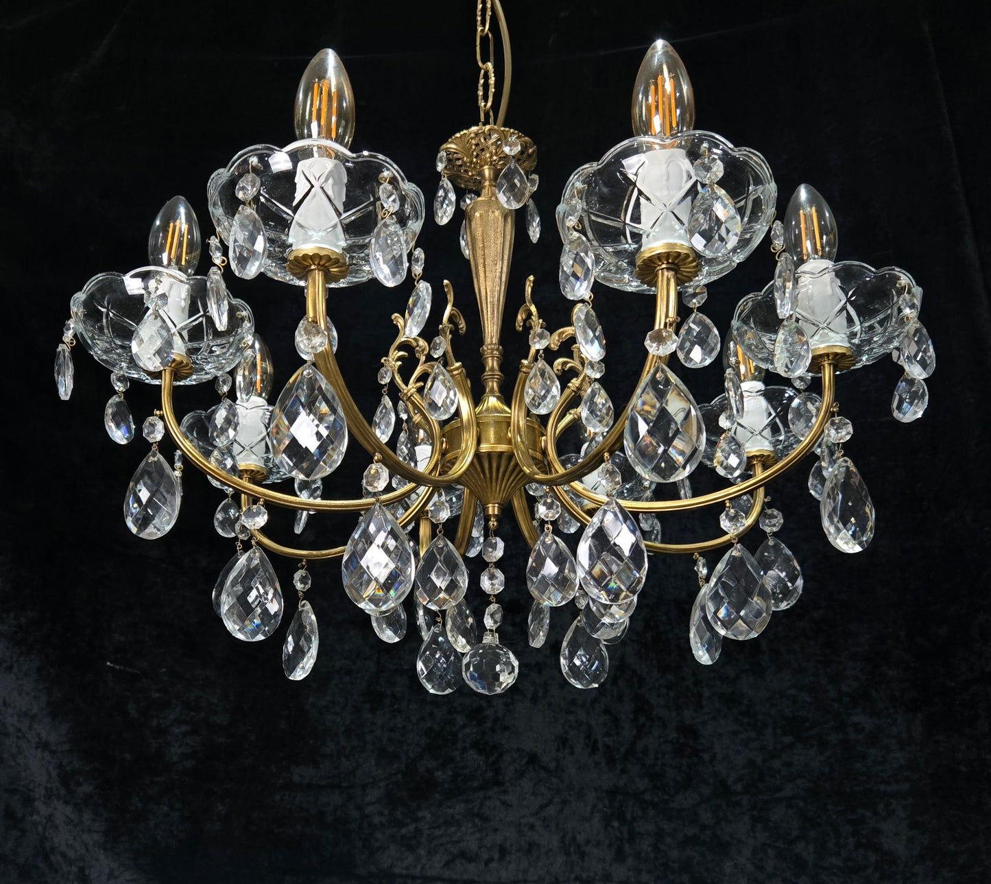 Beautiful Vintage Italian 8 Arm Brass Glass Crystal Chandelier Ceiling Light
