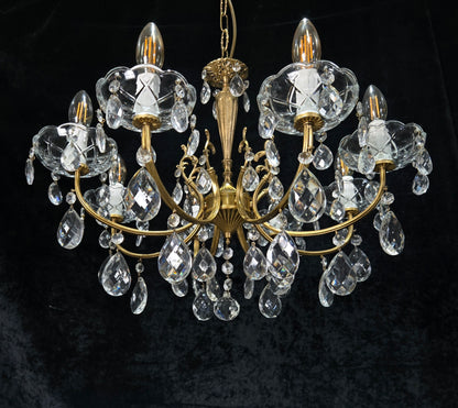 Beautiful Vintage Italian 8 Arm Brass Glass Crystal Chandelier Ceiling Light