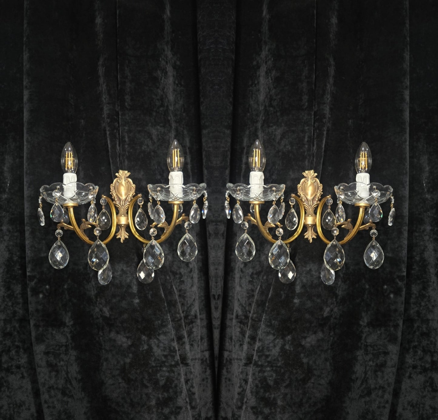 Lovely Pair of Vintage French 2 Arm Brass Leaf Crystal Wall Lights Sconces