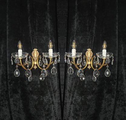 Lovely Pair of Vintage French 2 Arm Brass Leaf Crystal Wall Lights Sconces