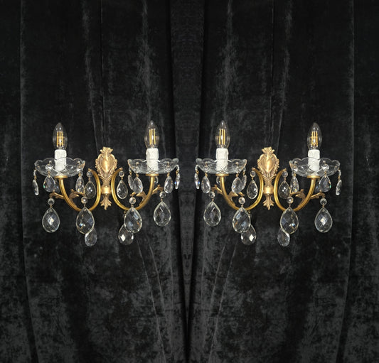 Lovely Pair of Vintage French 2 Arm Brass Leaf Crystal Wall Lights Sconces