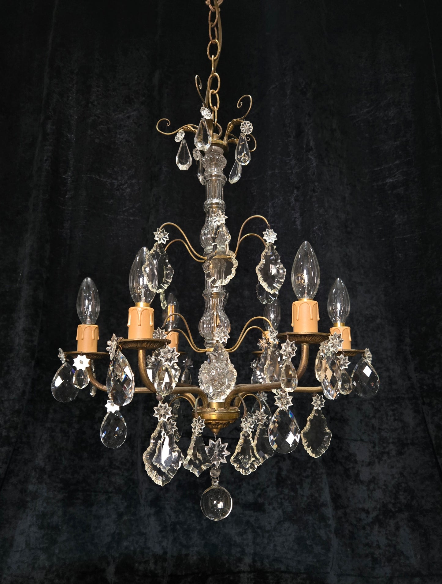 Beautiful Antique French 6 Arm Brass 3 Tier Crystal Chandelier Ceiling Light