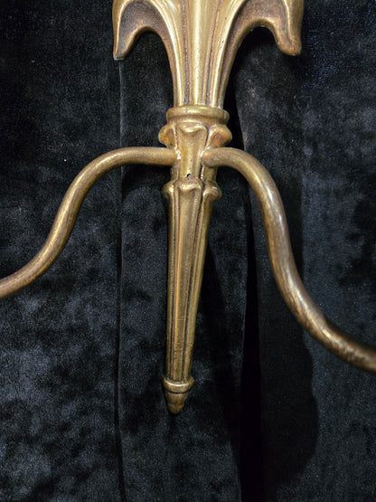 Decorative Pair Antique French Fleur De Lis Brass 2 Arm Candle Wall Lights