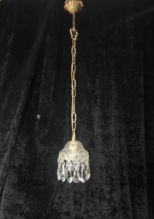 Beautiful Petite Cut Glass Crystal Antique Shade Brass Pendant Light Chandelier
