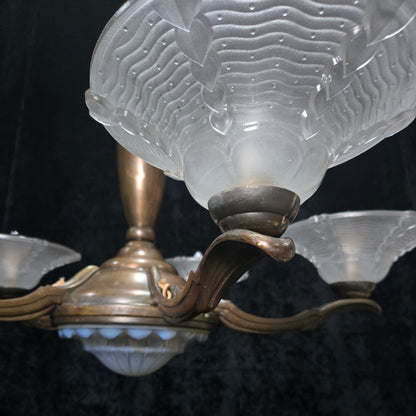 Large Antique French EZAN Art Deco 5 Arm 6 Light Brass Heavy Chandelier Light