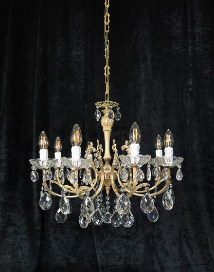 Elegant Vintage Italian 8 Arm Brass Crystal Leaf Chandelier Ceiling Light