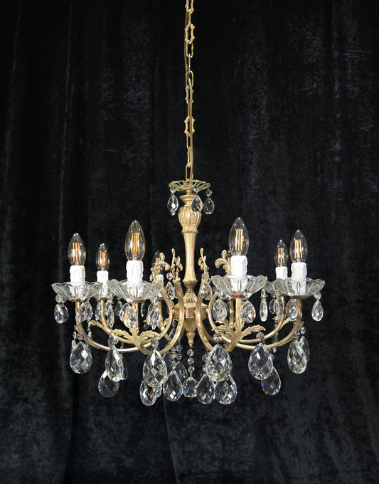 Elegant Vintage Italian 8 Arm Brass Crystal Leaf Chandelier Ceiling Light