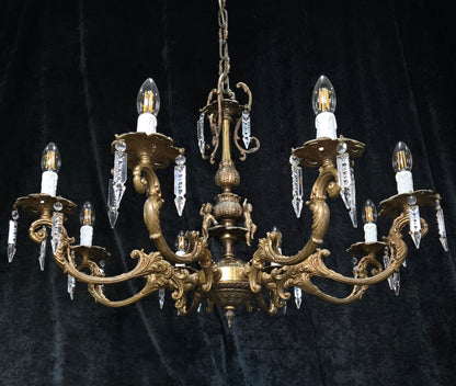Fabulous Vintage Italian 8 Arm Large Brass Crystal Cherub Chandelier Light