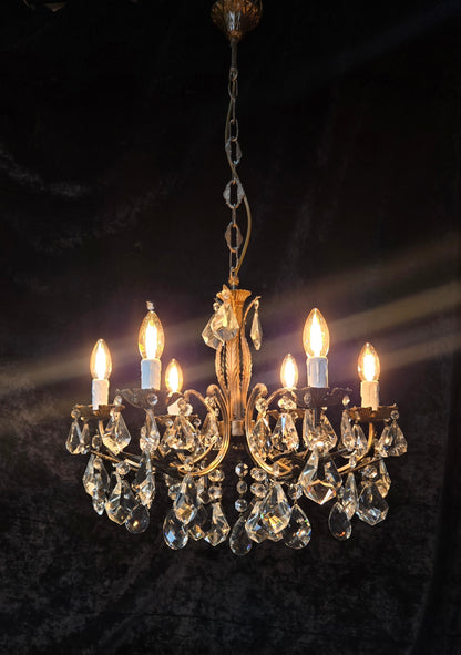 Fabulous Heavy Vintage Italian 6 Arm Leaf Crystal Chandelier Ceiling Light