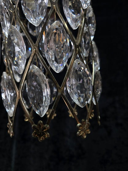 Unique Vintage Italian 1 Light Brass Small Cylinder Crystal Caged Chandelier