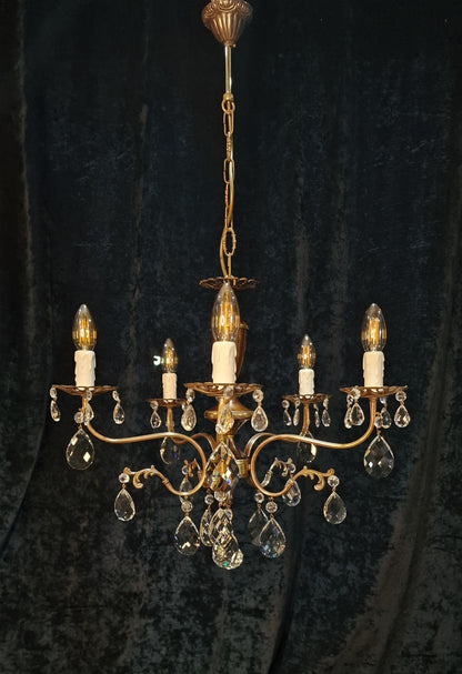 Beautiful Vintage Italian 5 Arm Brass Crystal Chandelier Ceiling Light