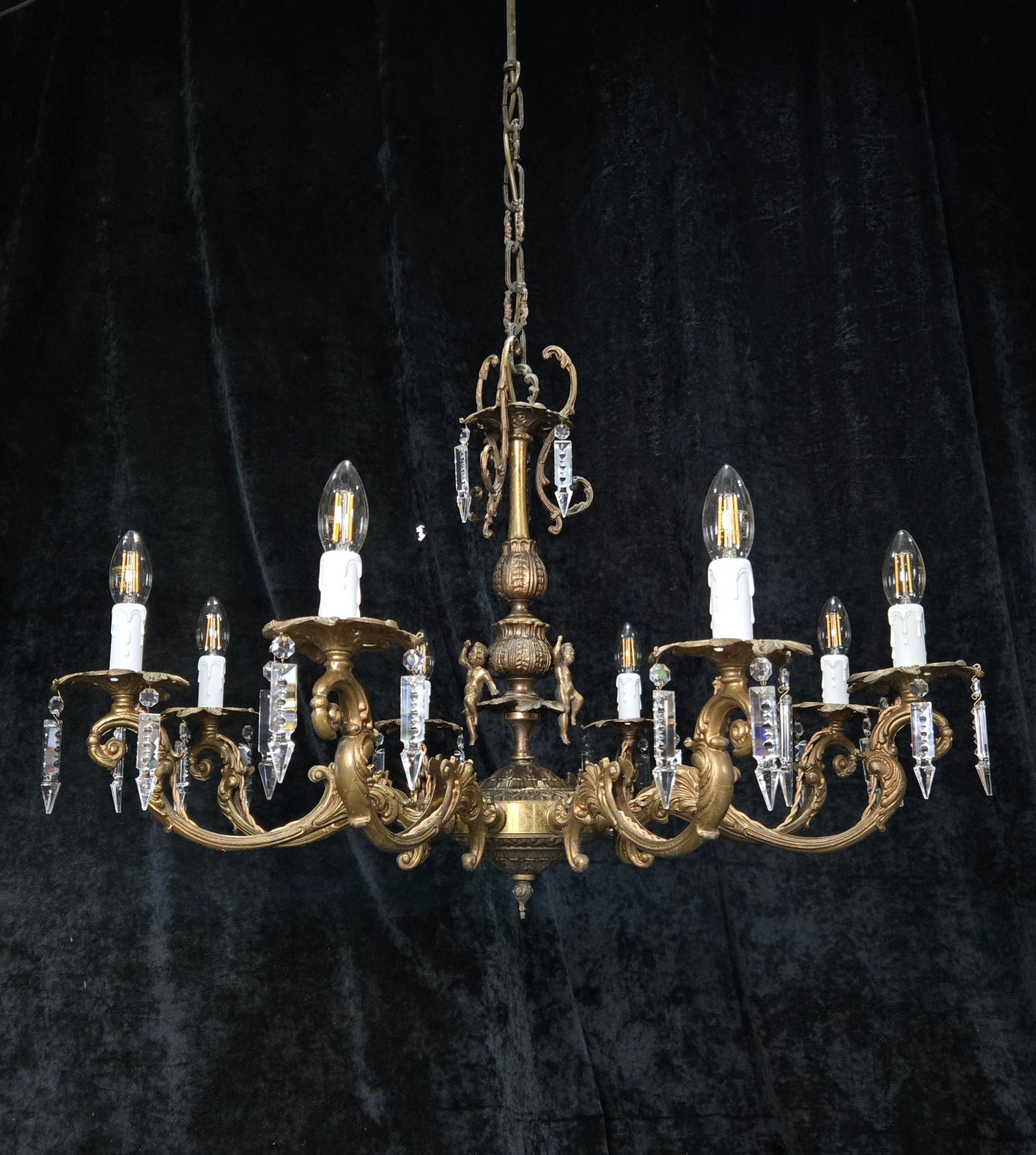 Fabulous Vintage Italian 8 Arm Large Brass Crystal Cherub Chandelier Light