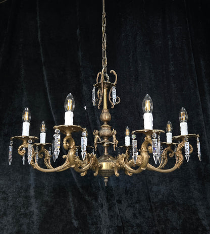 Fabulous Vintage Italian 8 Arm Large Brass Crystal Cherub Chandelier Light