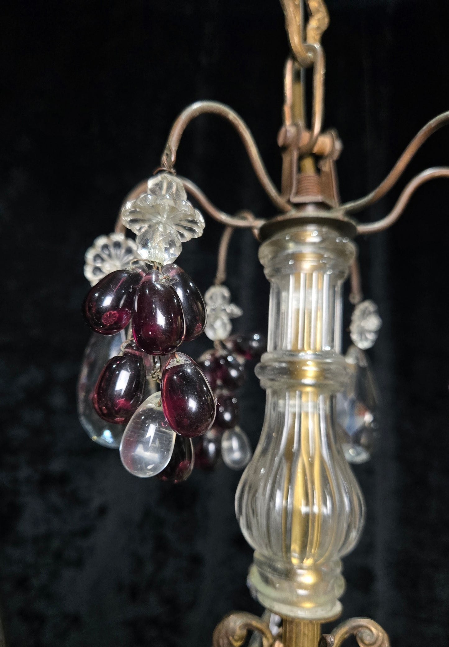 Exquisite Antique French 2 Arm Caged Murano Crystal Brass Chandelier Light