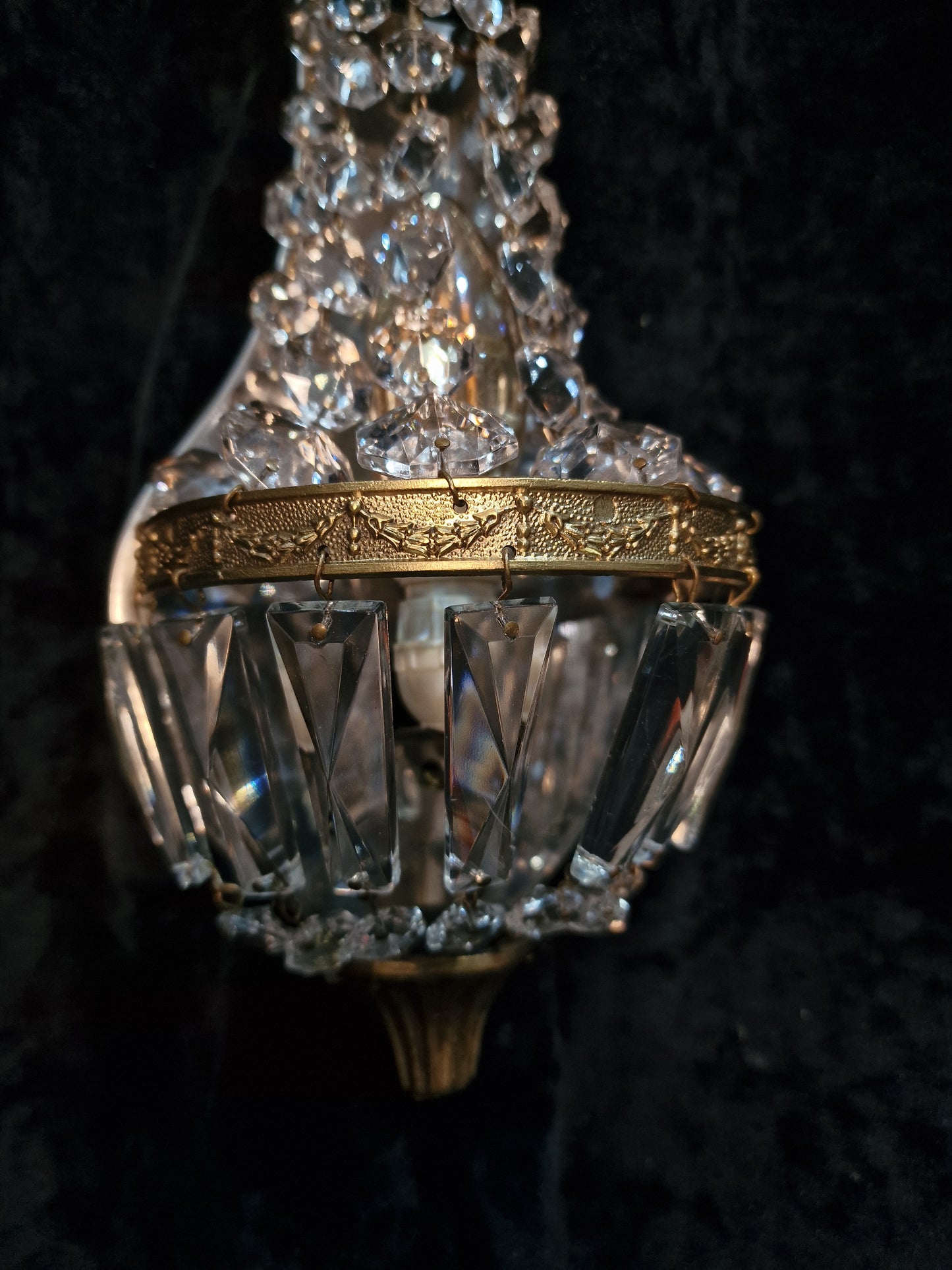 Gorgeous Pair of Vintage French Brass Crystal Montgolfiere Sconces Wall Lights