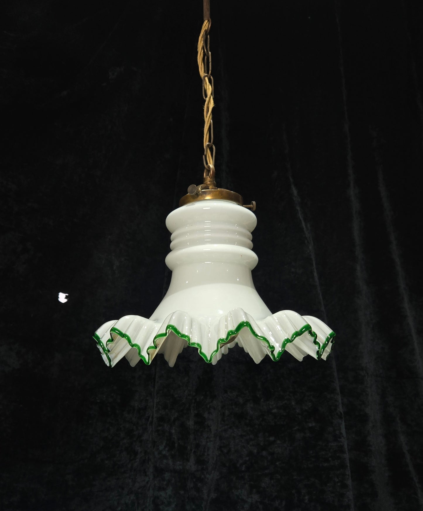 Fabulous Antique French Large Opaline Glass Shade Green Edging Brass Light