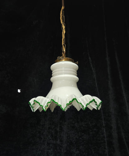 Fabulous Antique French Large Opaline Glass Shade Green Edging Brass Light
