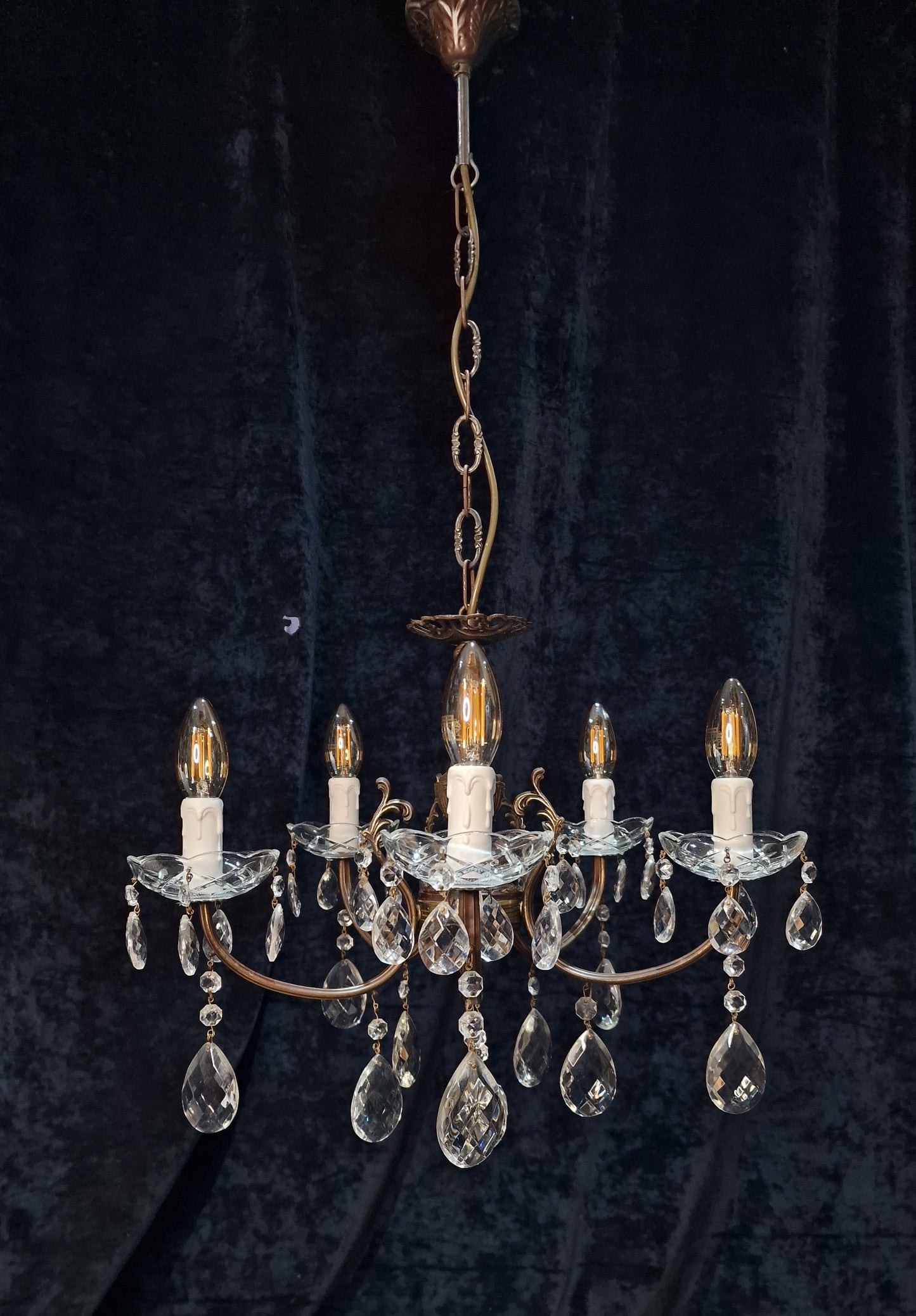 Lovely Elegant Vintage Italian 5 Arm Brass Crystal Chandelier Ceiling Light