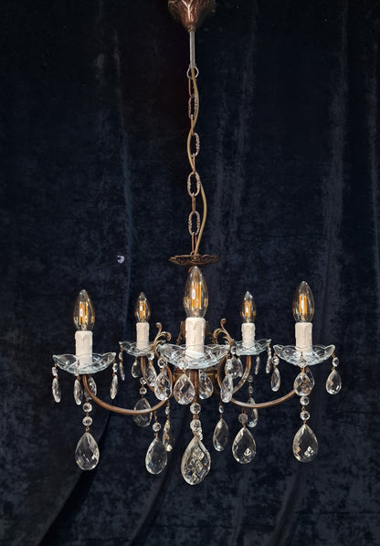 Lovely Elegant Vintage Italian 5 Arm Brass Crystal Chandelier Ceiling Light