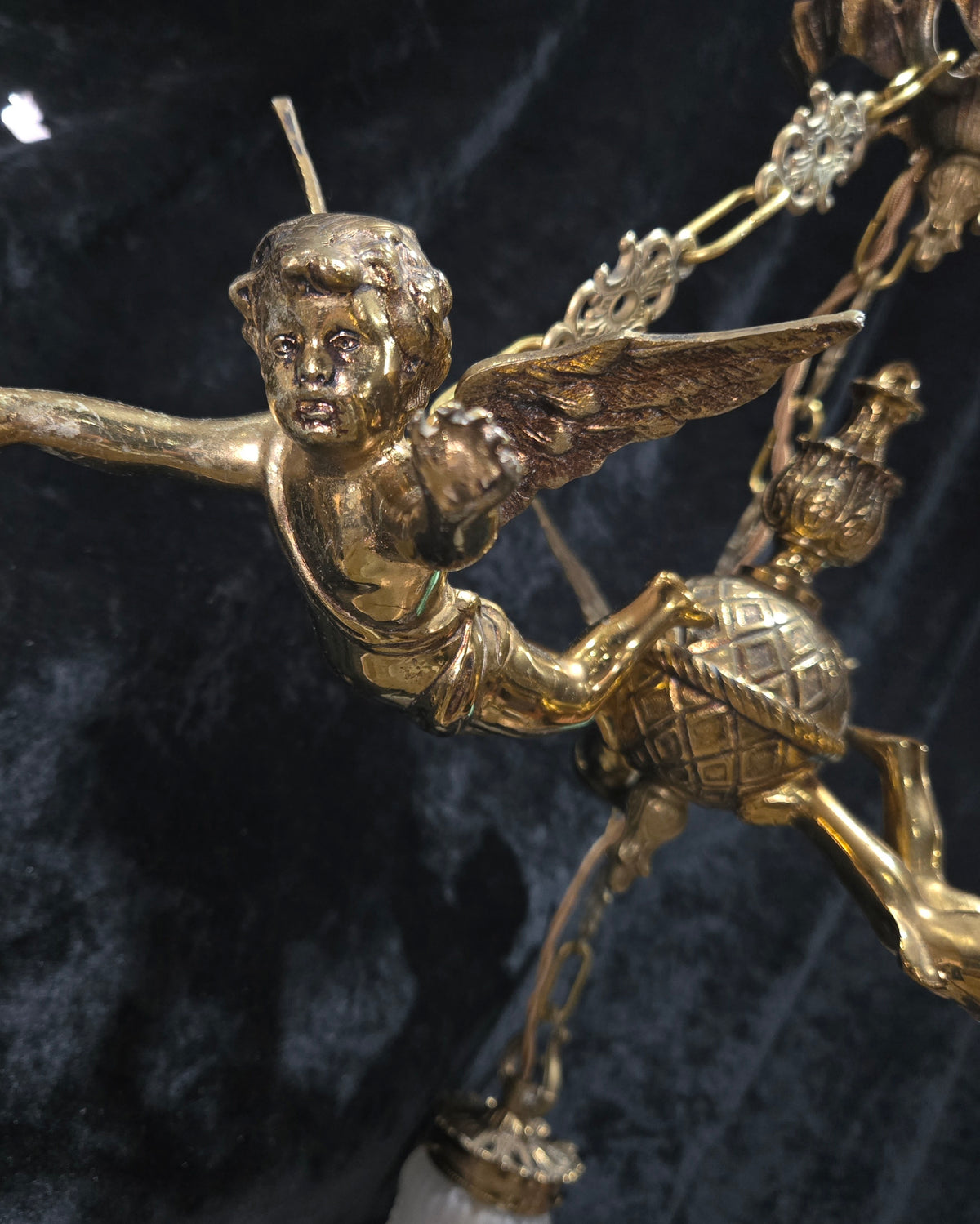 Fabulous Vintage French 3 Light Cherub Brass and Spelter Chandelier with Shades