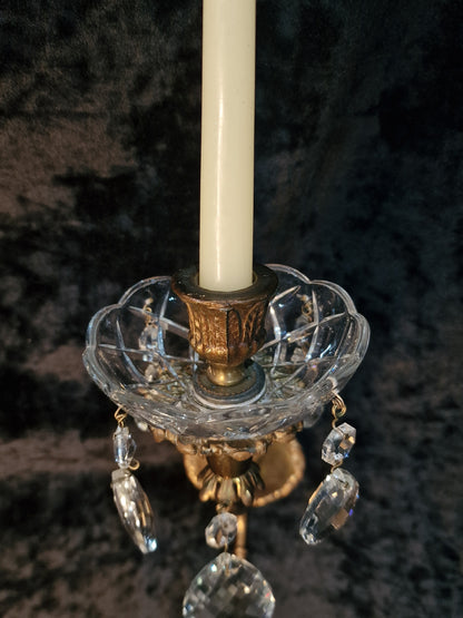 Elegant Pair Vintage Italian 1 Arm Crystal Brass Candle Wall Lights Sconces