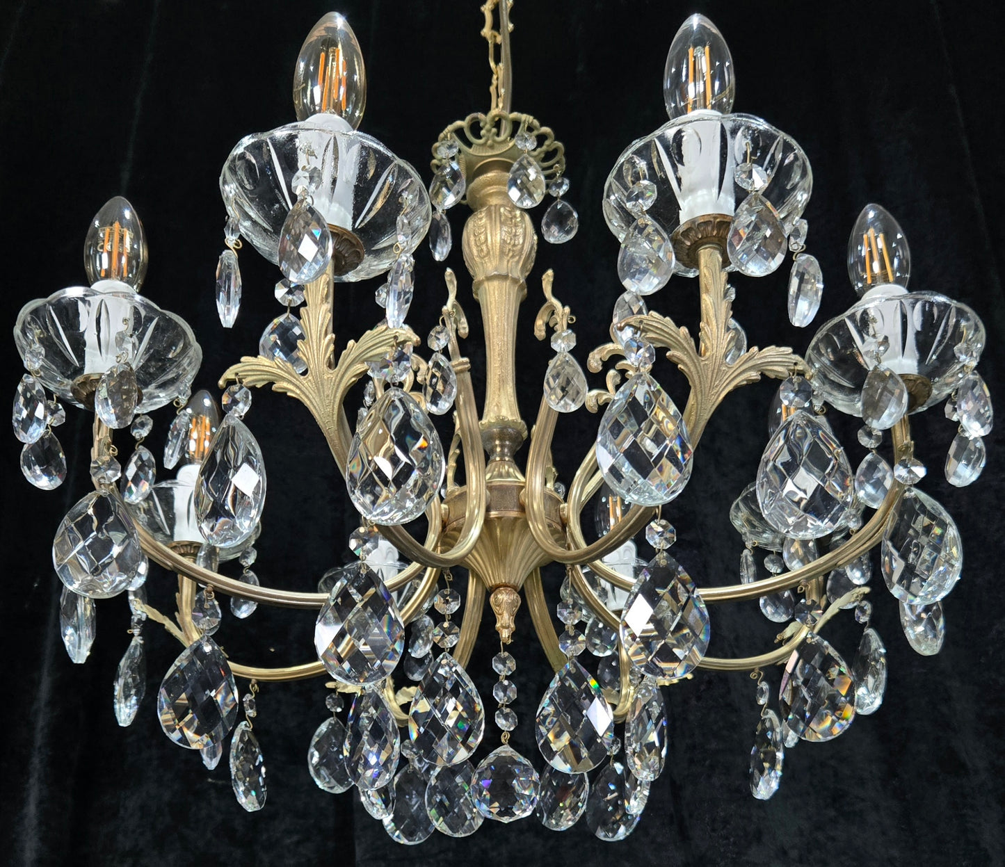 Elegant Vintage Italian 8 Arm Brass Crystal Leaf Chandelier Ceiling Light