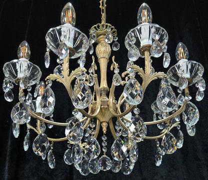 Elegant Vintage Italian 8 Arm Brass Crystal Leaf Chandelier Ceiling Light