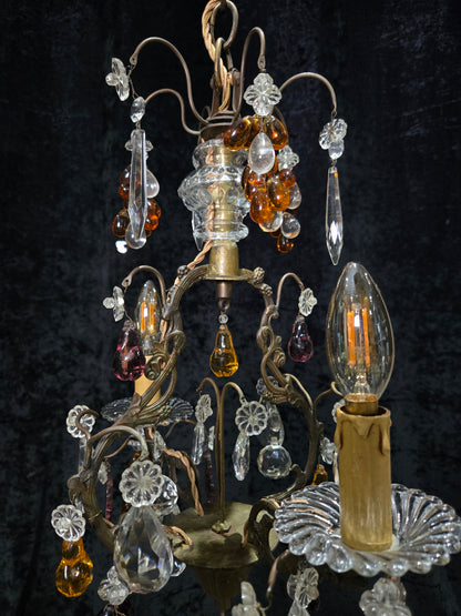 Fabulous Antique French 2 Arm Caged Murano Crystal Brass Chandelier Light