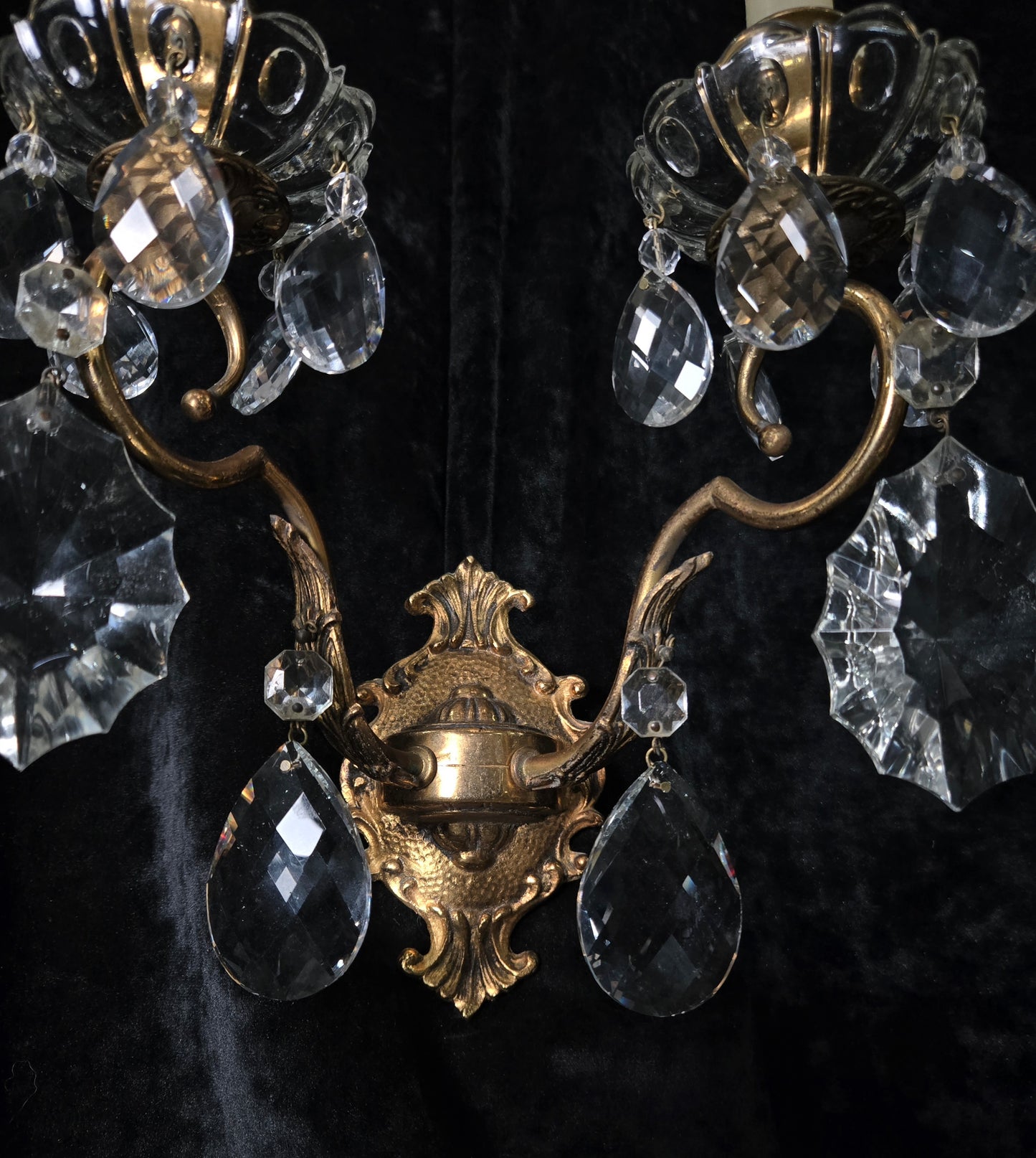 Gorgeous Pair of Vintage Italian 2 Arm Brass Crystal Candle Wall Lights Sconces