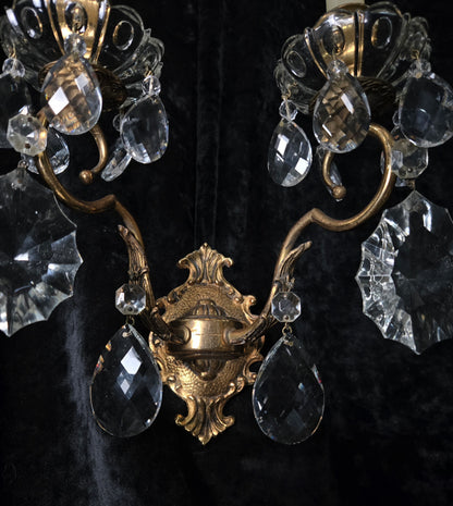 Gorgeous Pair of Vintage Italian 2 Arm Brass Crystal Candle Wall Lights Sconces